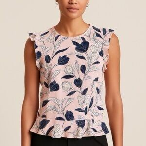 Banana Republic Floral Ruffle Sleeve Peplum Top in Light Pink